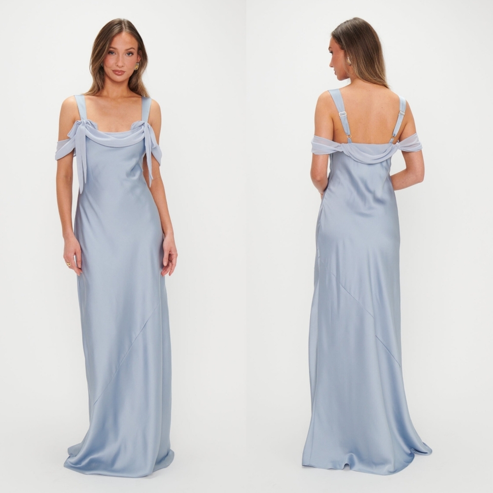 Bella Maxi Dress Show me Your Mu Mu steel blue
 Satin Off-Shoulder Maxi Dress